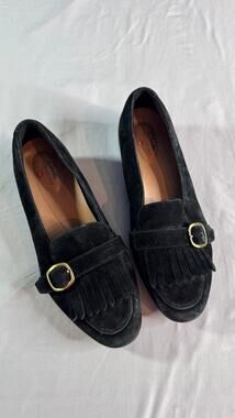 Clarks Unstructured Womens 9.5 Black Suede Kiltie Fringe Buckle Loafers